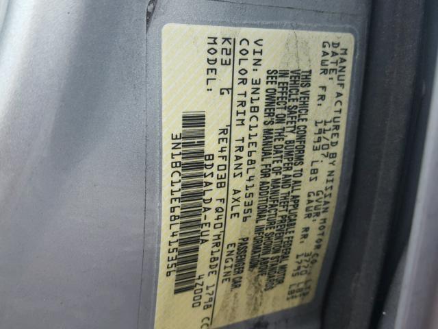 3N1BC11E68L415356 - 2008 NISSAN VERSA S SILVER photo 10