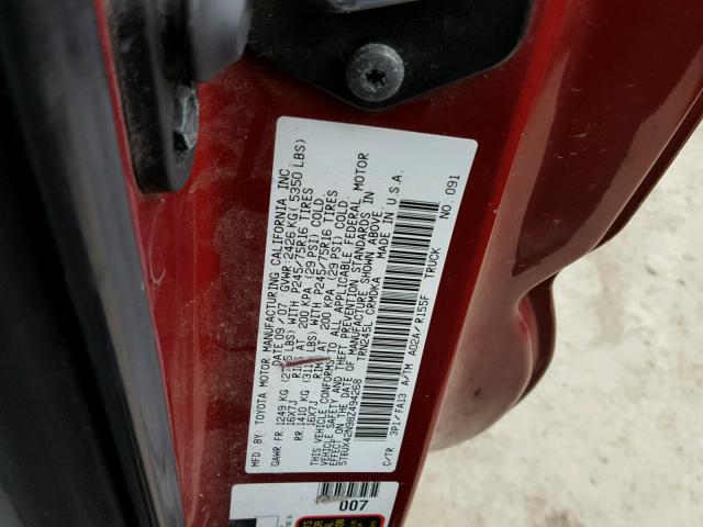 5TEUX42N98Z494268 - 2008 TOYOTA TACOMA ACC RED photo 10
