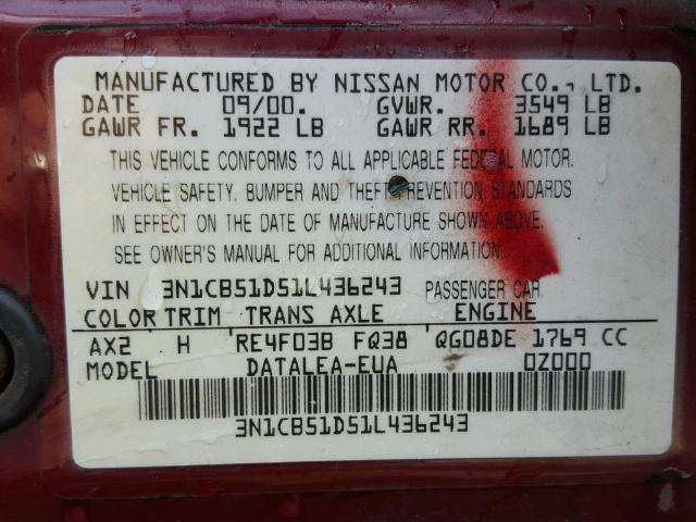 3N1CB51D51L436243 - 2001 NISSAN SENTRA XE BURGUNDY photo 10