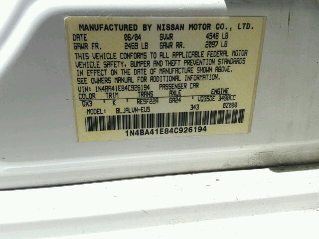 1N4BA41E84C926194 - 2004 NISSAN MAXIMA SE WHITE photo 10