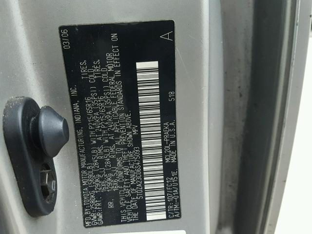 5TDZA23C06S475093 - 2006 TOYOTA SIENNA CE SILVER photo 10