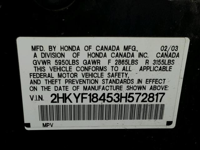 2HKYF18453H572817 - 2003 HONDA PILOT EX BLUE photo 10