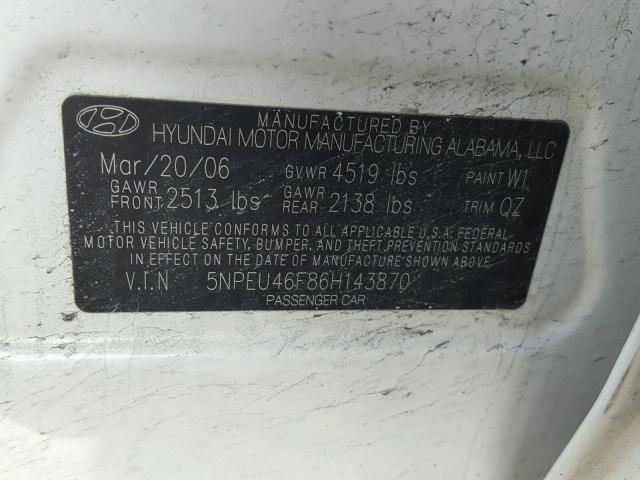 5NPEU46F86H143870 - 2006 HYUNDAI SONATA GLS WHITE photo 10