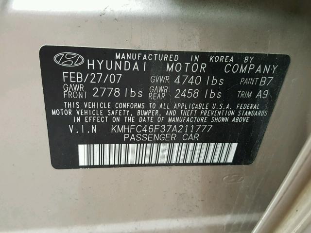 KMHFC46F37A211777 - 2007 HYUNDAI AZERA SE BEIGE photo 10