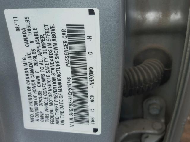 2HGFB2F86CH519746 - 2012 HONDA CIVIC EX Gümüş foto 10