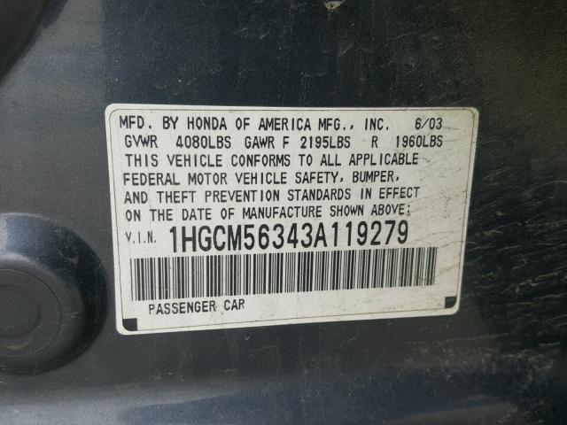 1HGCM56343A119279 - 2003 HONDA ACCORD LX GRAY photo 10