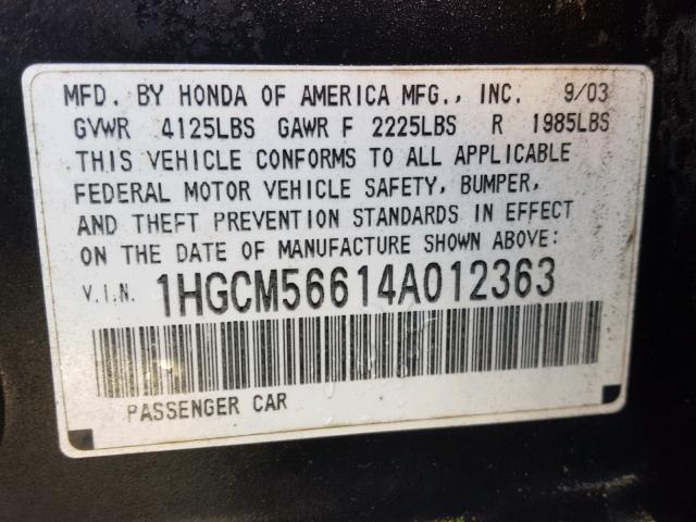 1HGCM56614A012363 - 2004 HONDA ACCORD EX BLACK photo 10