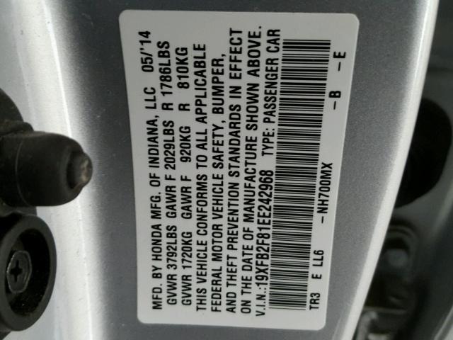 19XFB2F81EE242968 - 2014 HONDA CIVIC EX SILVER photo 10