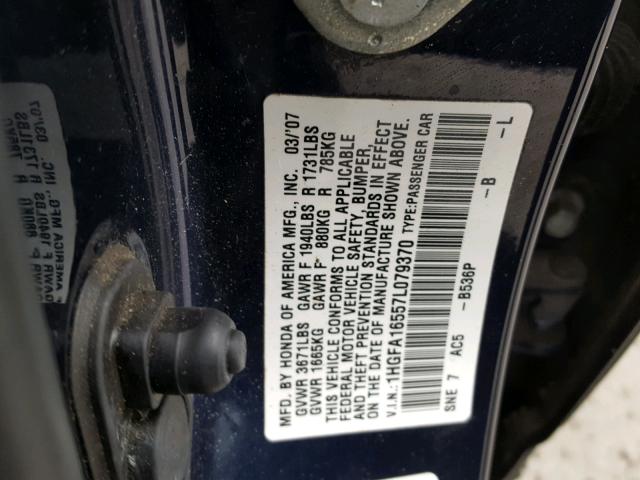 1HGFA16557L079370 - 2007 HONDA CIVIC LX BLUE photo 10