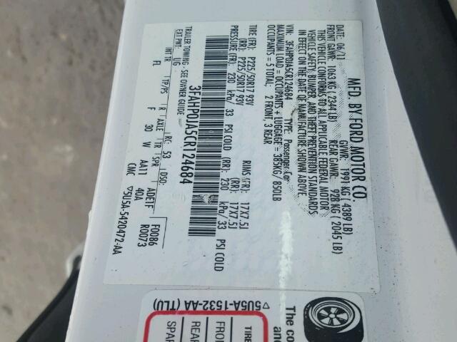 3FAHP0JA5CR124684 - 2012 FORD FUSION SEL WHITE photo 10