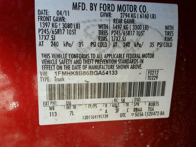 1FMHK8B86BGA54133 - 2011 FORD EXPLORER RED photo 10