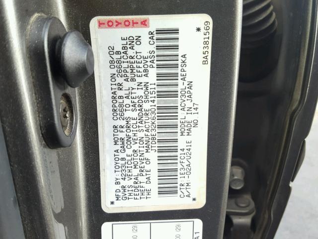 JTDBE32K630141511 - 2003 TOYOTA CAMRY LE GRAY photo 10