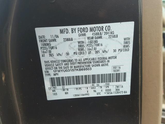 1FMYU03157KB69503 - 2007 FORD ESCAPE XLT BROWN photo 10