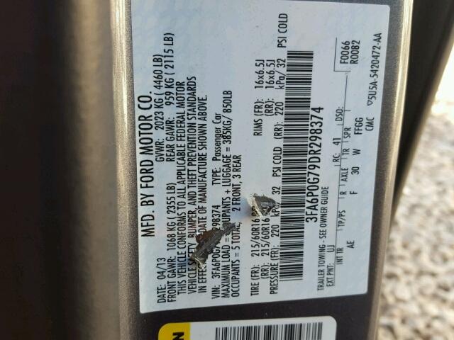 3FA6P0G79DR298374 - 2013 FORD FUSION S CHARCOAL photo 10