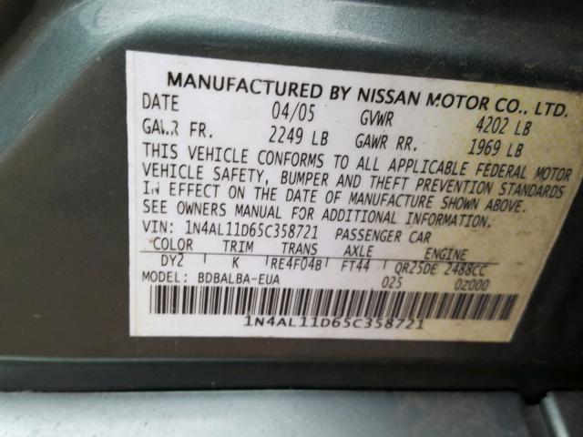 1N4AL11D65C358721 - 2005 NISSAN ALTIMA S GREEN photo 10