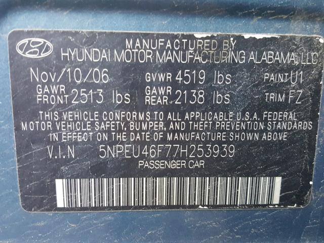 5NPEU46F77H253939 - 2007 HYUNDAI SONATA SE BLUE photo 10