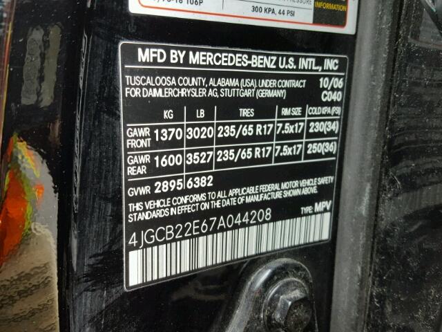 4JGCB22E67A044208 - 2007 MERCEDES-BENZ R 320 CDI BLACK photo 10