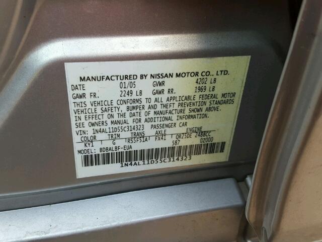 1N4AL11D55C314323 - 2005 NISSAN ALTIMA S SILVER photo 10