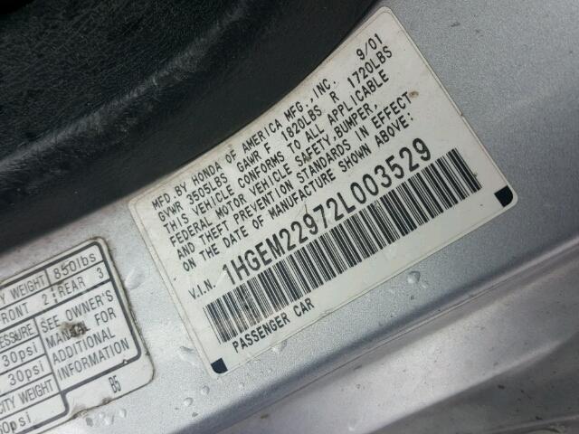 1HGEM22972L003529 - 2002 HONDA CIVIC EX Gümüş foto 10