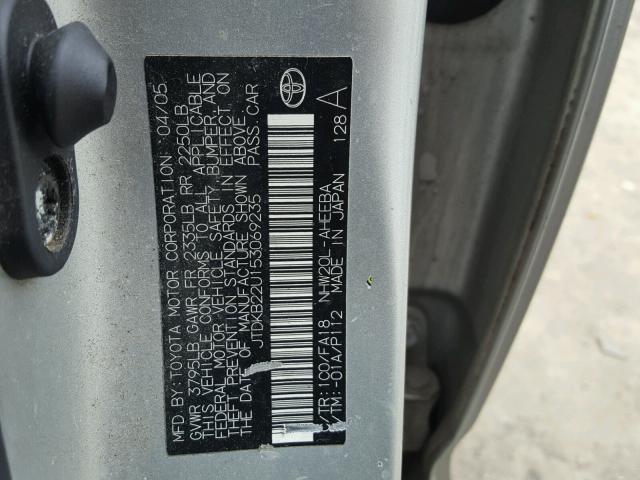 JTDKB22U153069235 - 2005 TOYOTA PRIUS SILVER photo 10