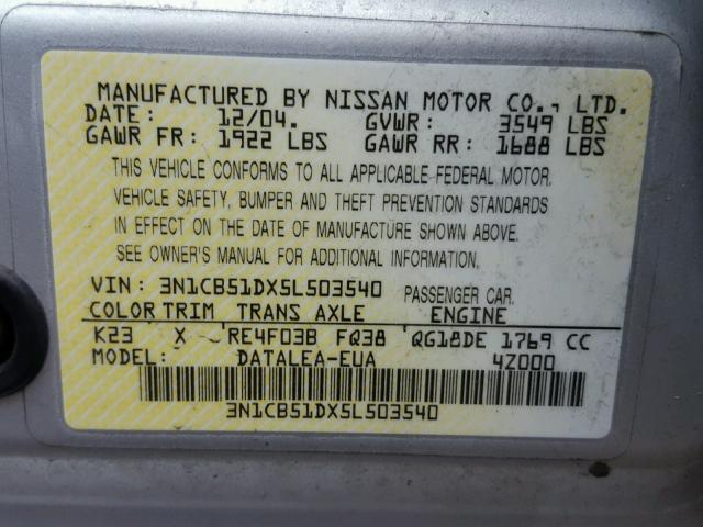 3N1CB51DX5L503540 - 2005 NISSAN SENTRA 1.8 SILVER photo 10