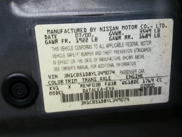 3N1CB51D8YL349074 - 2000 NISSAN SENTRA BAS GRAY photo 10