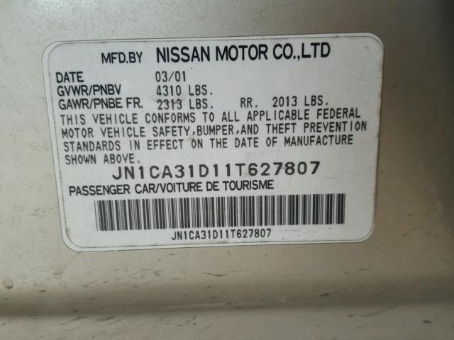 JN1CA31D11T627807 - 2001 NISSAN MAXIMA GXE GOLD photo 10