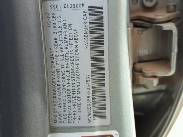 WVWAE63B95E064537 - 2005 VOLKSWAGEN PASSAT GLS GREEN photo 10