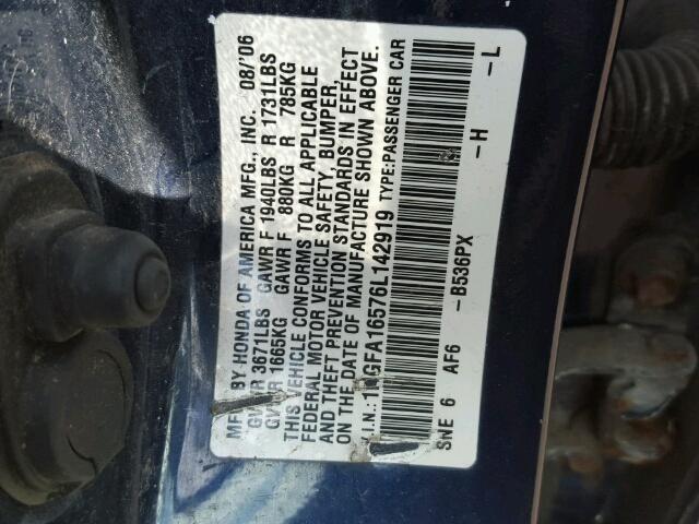 1HGFA16576L142919 - 2006 HONDA CIVIC LX BLUE photo 10