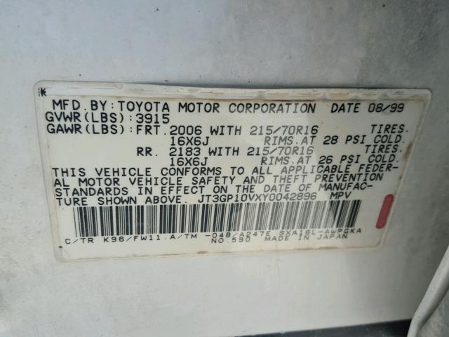 JT3GP10VXY0042896 - 2000 TOYOTA RAV4 WHITE photo 10