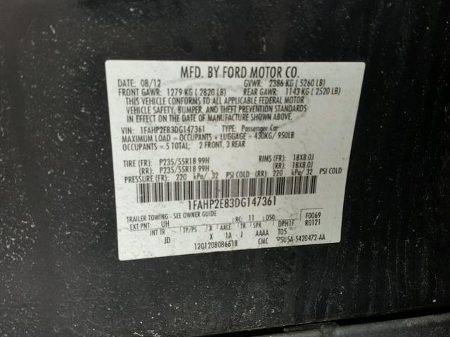 1FAHP2E83DG147361 - 2013 FORD TAURUS SEL BLACK photo 10