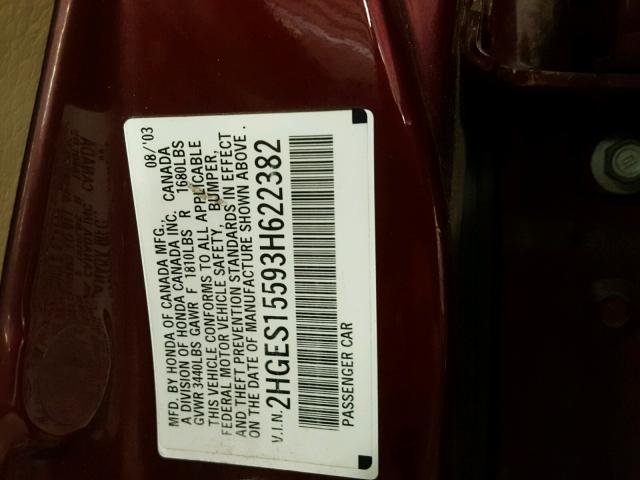 2HGES15593H622382 - 2003 HONDA CIVIC LX MAROON photo 10