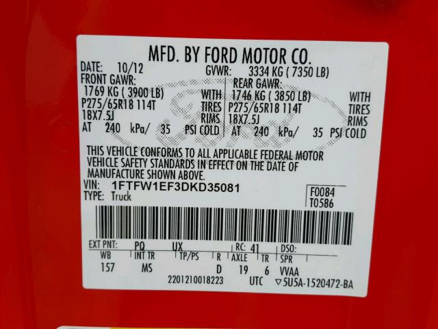 1FTFW1EF3DKD35081 - 2013 FORD F150 SUPER RED photo 10