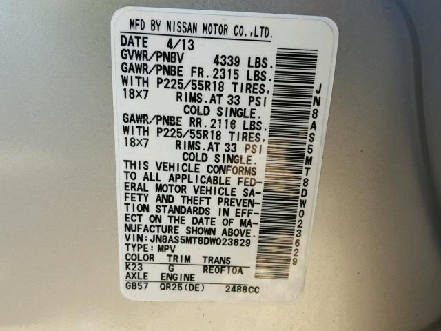 JN8AS5MT8DW023629 - 2013 NISSAN ROGUE S SILVER photo 10