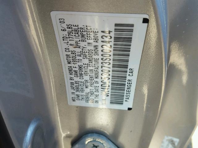 JH4DC53073S002434 - 2003 ACURA RSX TYPE-S GRAY photo 10