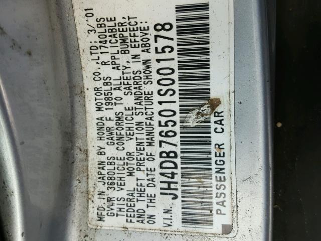 JH4DB76501S001578 - 2001 ACURA INTEGRA LS SILVER photo 10