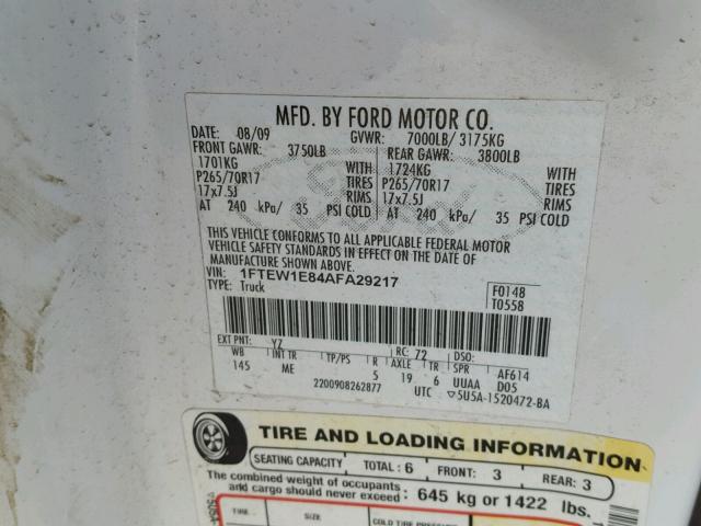 1FTEW1E84AFA29217 - 2010 FORD F150 SUPER WHITE photo 10