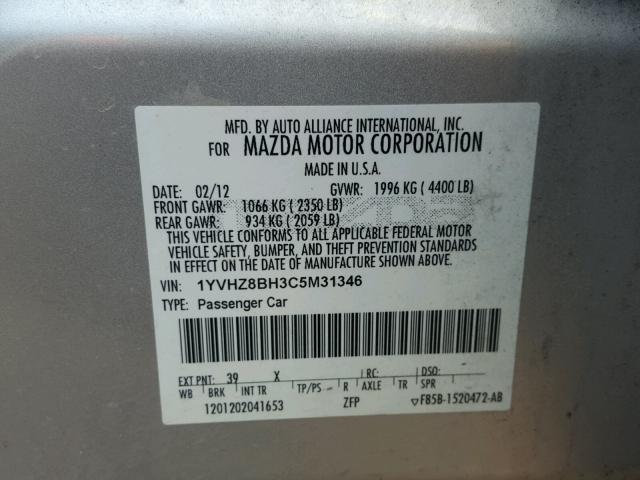 1YVHZ8BH3C5M31346 - 2012 MAZDA 6 I SILVER photo 10