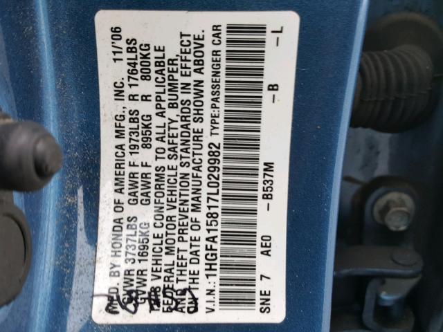 1HGFA15817L029982 - 2007 HONDA CIVIC EX BLUE photo 10