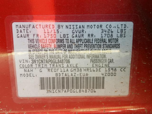 3N1CN7AP0GL848706 - 2016 NISSAN VERSA S BURGUNDY photo 10