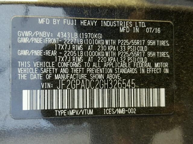 JF2GPADC2GH326545 - 2016 SUBARU CROSSTREK GRAY photo 10