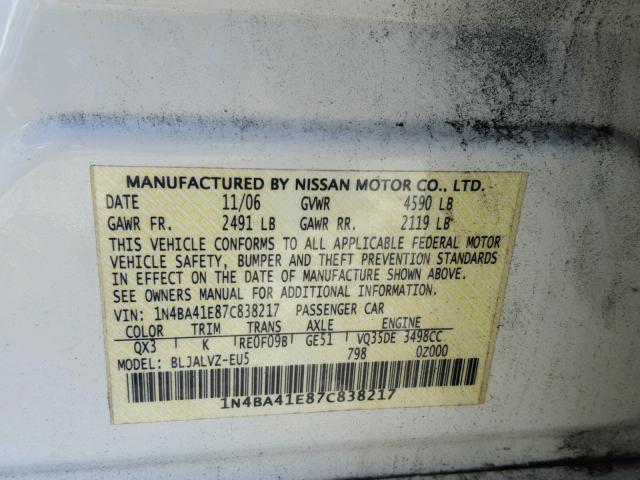 1N4BA41E87C838217 - 2007 NISSAN MAXIMA SE WHITE photo 10