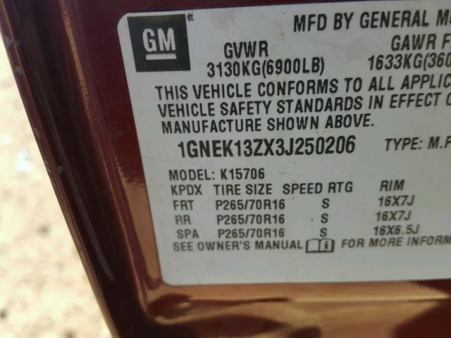 1GNEK13ZX3J250206 - 2003 CHEVROLET TAHOE K150 BURGUNDY photo 10