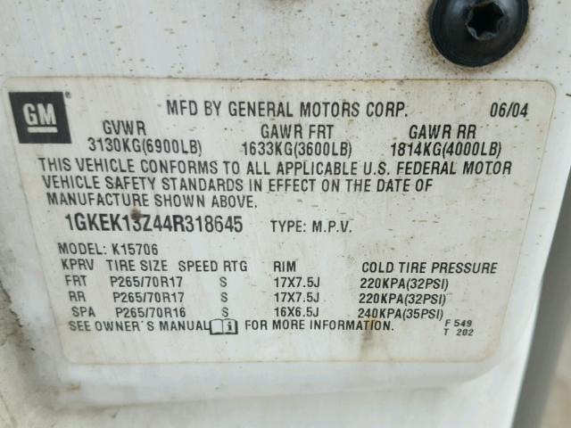 1GKEK13Z44R318645 - 2004 GMC YUKON WHITE photo 10