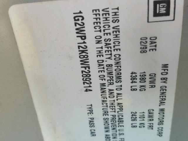 1G2WP12K8WF289214 - 1998 PONTIAC GRAND PRIX SILVER photo 10