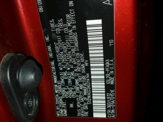 5TDYK4CC2AS314144 - 2010 TOYOTA SIENNA XLE RED photo 10