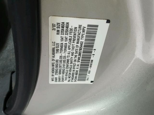 5FNRL38857B054402 - 2007 HONDA ODYSSEY TO SILVER photo 10