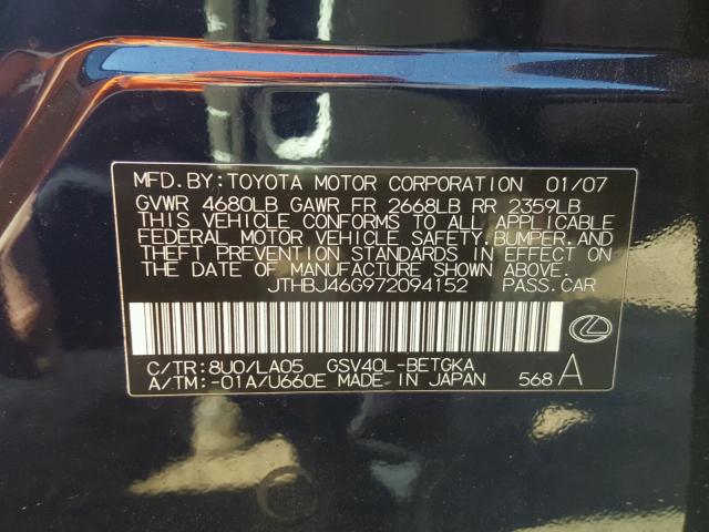 JTHBJ46G972094152 - 2007 LEXUS ES 350 BLUE photo 10