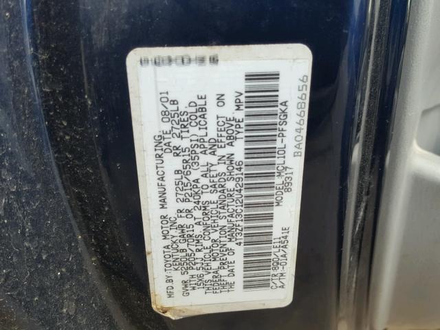 4T3ZF13C12U429146 - 2002 TOYOTA SIENNA LE BLUE photo 10