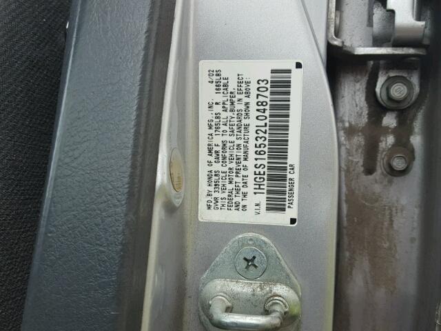 1HGES16532L048703 - 2002 HONDA CIVIC LX GRAY photo 10